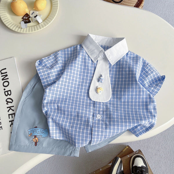Checkered shirt with tie and shorts set