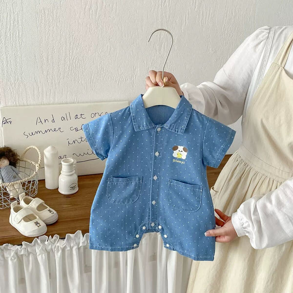 Polka dotted denim jumpsuit