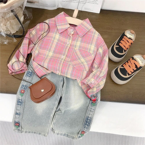 Rabbit plaid shirt and embroidered denim premium set