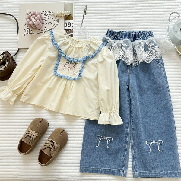 Embroidered top and lace denim premium set