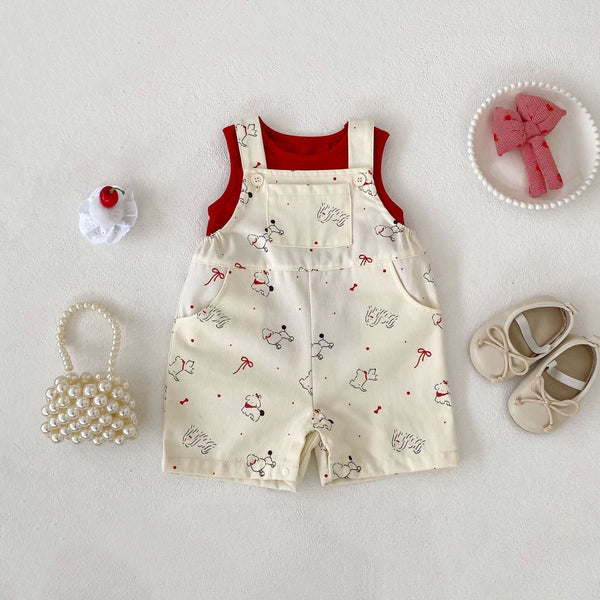 Red tshirt and printed dungaree set