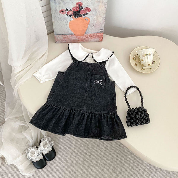 White tshirt and charcoal dungaree premium set