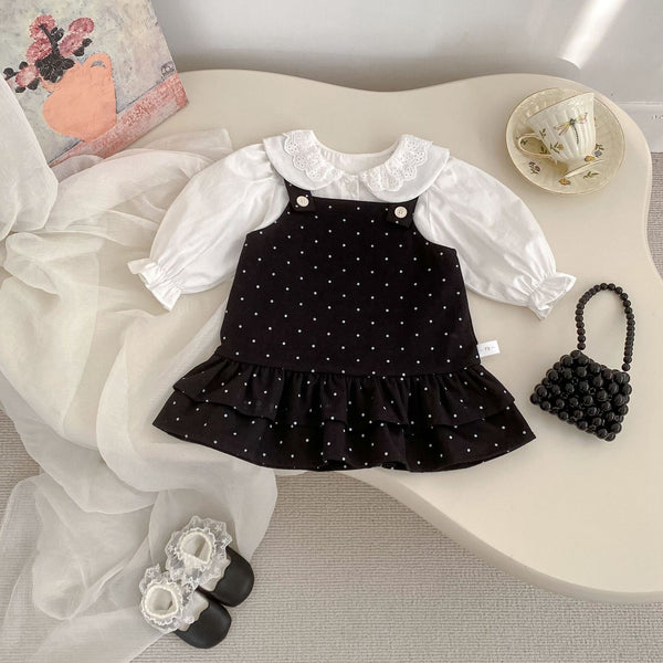 Lace tshirt and polka dot dungaree dress premium set