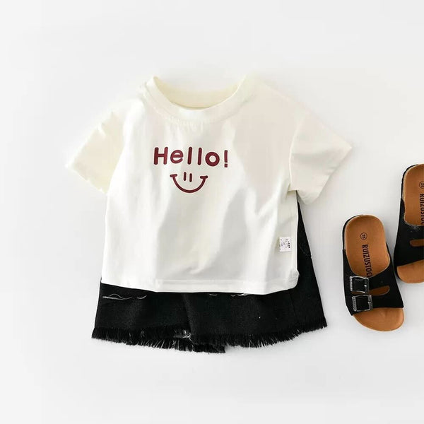Hello loose tshirt and rugged denim shorts premium set