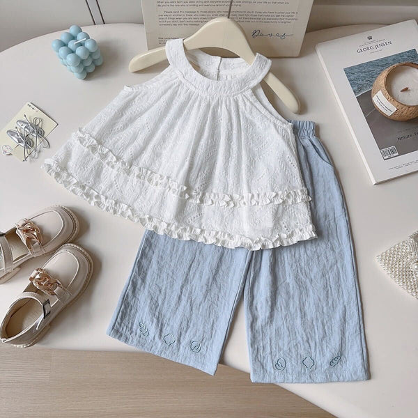 Eyelet top and crushed pants set