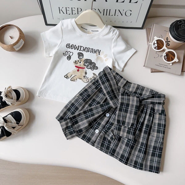 Printed tshirt and plaid skort set
